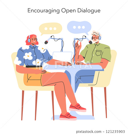 Encouraging Open Dialogue concept. Two people with headsets having a conversation over computers. Effective communication and teamwork. Vector illustration. Encouraging Open Dialogue concept. Two people with headsets having a conversation over computers. Effective communication and teamwork. Vector illustration. 121235903