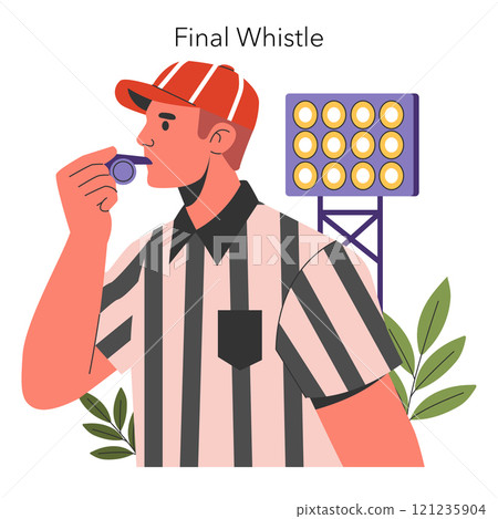 Super Bowl concept. A referee blowing the final whistle with a stadium light panel in the background. Decisive game moment on the field. Vector illustration. 121235904