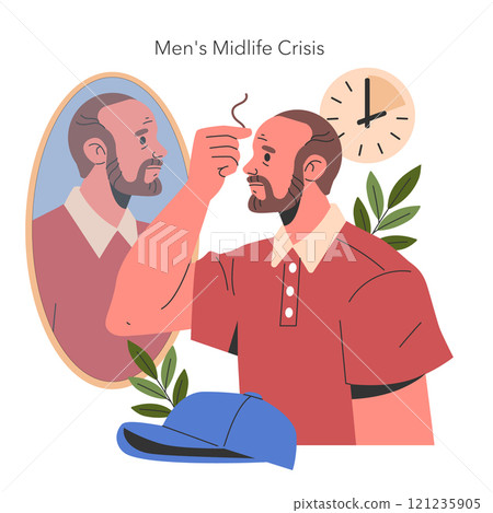 Men's Midlife Crisis concept. A man assesses his aging reflection, contemplating time and identity change. Personal growth, self-reflection, aging process. Vector illustration. 121235905
