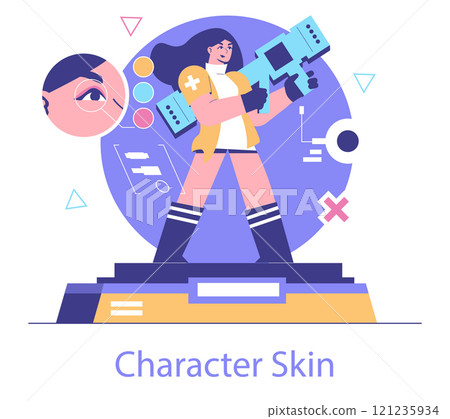 Esport concept. Female gamer character with futuristic weapon explores virtual world. Gaming customization, avatar design elements. Vector illustration. Esport concept. Female gamer character with futuristic weapon explores virtual world. Gaming customization, avatar design elements. Vector illustration. 121235934