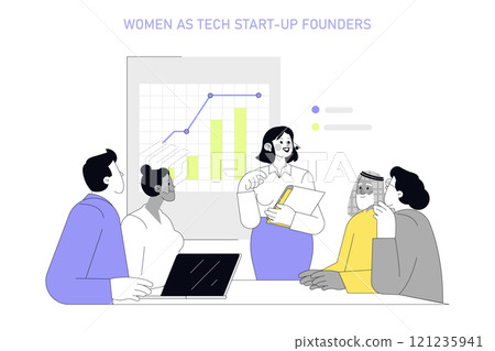 Women in Technology concept. A female tech leader presents growth data to her diverse startup team. Inclusion and progress in business. Vector illustration. Women in Technology concept. A female tech leader presents growth data to her diverse startup team. Inclusion and progress in business. Vector illustration. 121235941