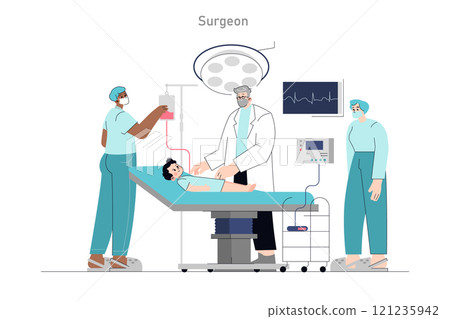 Surgical team prepares for operation in modern OR. Illustration of a surgeon, nurses, patient, medical equipment. Care, precision, teamwork in healthcare. Vector illustration. Surgical team prepares for operation in modern OR. Illustration of a surgeon, nurses, patient, medical equipment. Care, precision, teamwork in healthcare. Vector illustration. 121235942