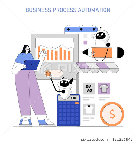 Business Process Automation concept. Efficient workflow with robots assisting in data analysis and sales. Streamlining tasks for productivity gains. Vector illustration. 121235943