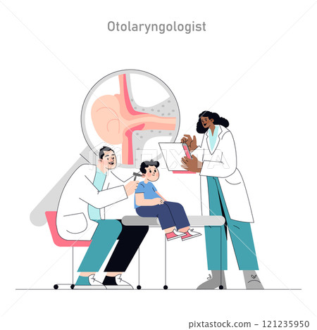 Pediatric otolaryngology consultation illustration. A child patient gets a checkup from an ENT specialist as a concerned parent observes. Health care interaction. Vector illustration. Pediatric otolaryngology consultation illustration. A child patient gets a checkup from an ENT specialist as a concerned parent observes. Health care interaction. Vector illustration. 121235950
