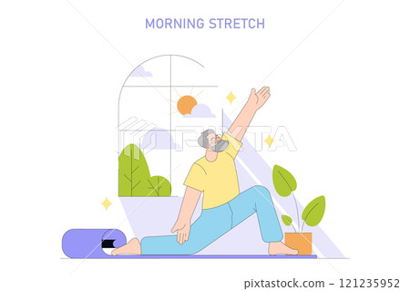 Healthy Lifestyle concept. Illustration of a man doing morning stretches at home. Exercise routine, wellness, and daily fitness. Vector illustration. Healthy Lifestyle concept. Illustration of a man doing morning stretches at home. Exercise routine, wellness, and daily fitness. Vector illustration. 121235952