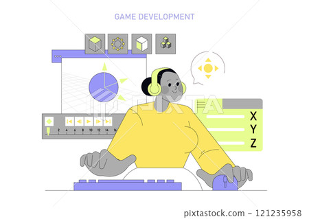 Women in Technology concept. Female game developer working on computer graphics, showcasing diversity in tech fields. Vector illustration. Women in Technology concept. Female game developer working on computer graphics, showcasing diversity in tech fields. Vector illustration. 121235958