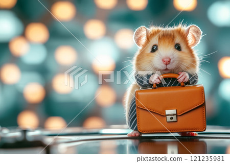 A hamster holding a briefcase sitting on top of a table 121235981