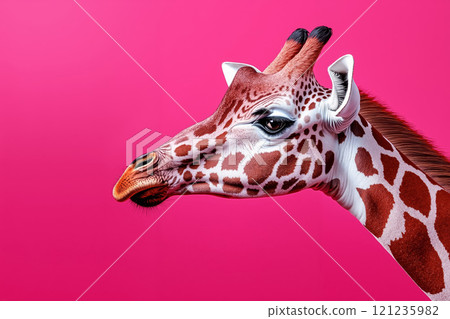 A giraffe's head on a pink background 121235982