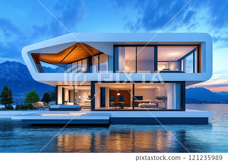 A modern house on a floating platform in the middle of a lake 121235989