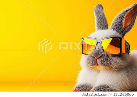 A rabbit wearing sunglasses on a yellow background 121236000