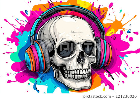 A skull with headphones on a colorful background 121236020