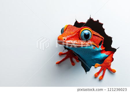 A red and blue gecko peeking out of a hole in a wall A red and blue gecko peeking out of a hole in a wall 121236023