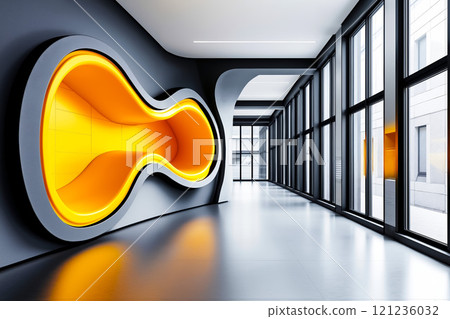 A long hallway with a yellow and black wall 121236032