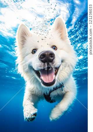 A white dog swimming in the water with its mouth open 121236033