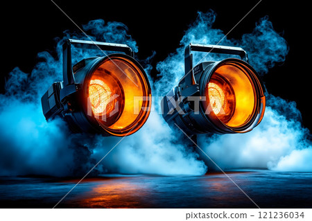 A pair of spotlights with smoke coming out of them 121236034