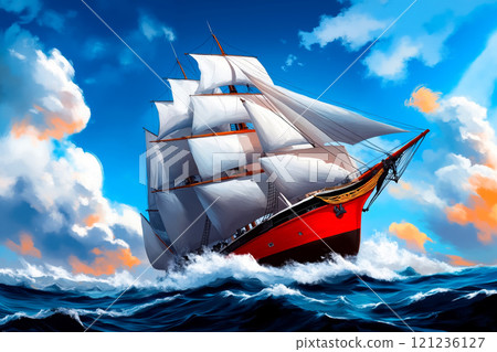 A painting of a tall ship sailing in the ocean 121236127