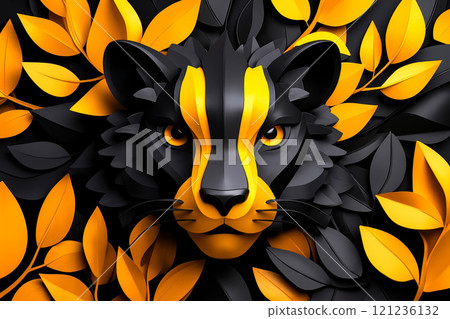 A black and yellow leopard surrounded by leaves on a black background 121236132