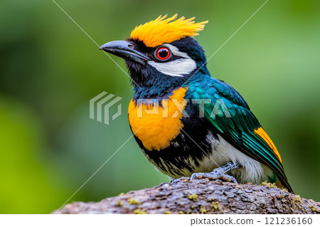 A colorful bird sitting on top of a tree branch 121236160