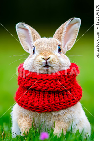 A small rabbit wearing a red scarf sitting in the grass A small rabbit wearing a red scarf sitting in the grass 121236170