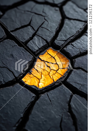 A crack in the ground with a yellow light shining through it 121236172
