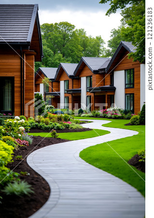 A walkway leads to a row of houses in a residential neighborhood 121236183