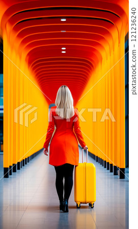 A woman in a red coat with a yellow suitcase walking through an airport A woman in a red coat with a yellow suitcase walking through an airport 121236240