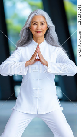 A woman in a white shirt and white pants doing a yoga pose A woman in a white shirt and white pants doing a yoga pose 121236241