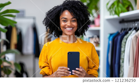 A woman holding a phone in a clothing store 121236250