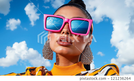 A woman wearing a yellow sweater and pink sunglasses 121236264