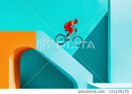 A man riding a bike on a blue and orange ramp 121236270