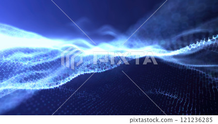 Abstract blue  wave light pattern resembling a digital or organic flow, with a soft glow and intricate details background 121236285