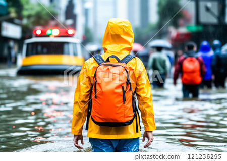 A person in a yellow raincoat walking through a flooded street 121236295