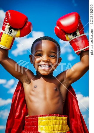 A young boy in a red cape and red boxing gloves 121236296