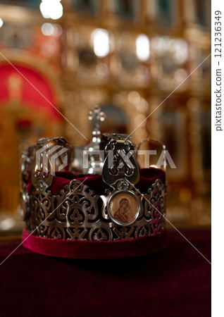 Gold decorated wedding crown with velvet interior for wedding in Orthodox Church 121236349