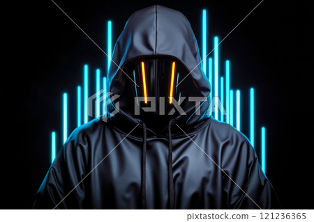 A man in a hoodie with a glowing mask on his face 121236365
