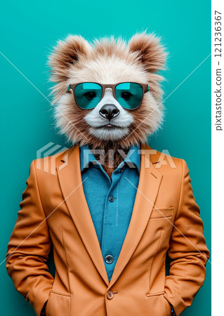 A man in a suit and sunglasses with a panda bear mask on his head 121236367