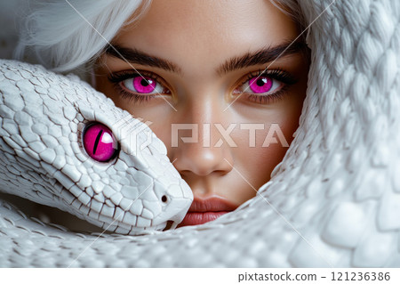 A woman with white hair and pink eyes is holding a white snake 121236386