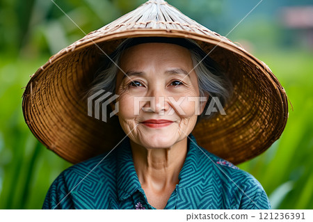 A woman wearing a straw hat smiles at the camera 121236391