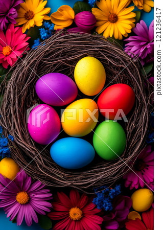 A nest filled with colorful easter eggs surrounded by flowers A nest filled with colorful easter eggs surrounded by flowers 121236417