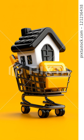 A small house in a shopping cart with a yellow background 121236438