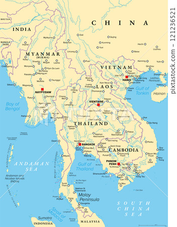 Northern part of Mainland Southeast Asia, transport political map. Countries Thailand, Vietnam, Myanmar, Laos, and Cambodia, with the most important waterways on rivers, and with the largest cities. 121236521