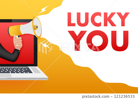 Businessman shouting lucky you through megaphone from laptop screen Businessman shouting lucky you through megaphone from laptop screen 121236533