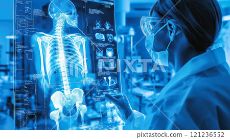 Doctor holding and examining a patient bone X-ray film before surgery. The concept of medical diagnosis, preparation, and precision in healthcare. Generative AI. 121236552