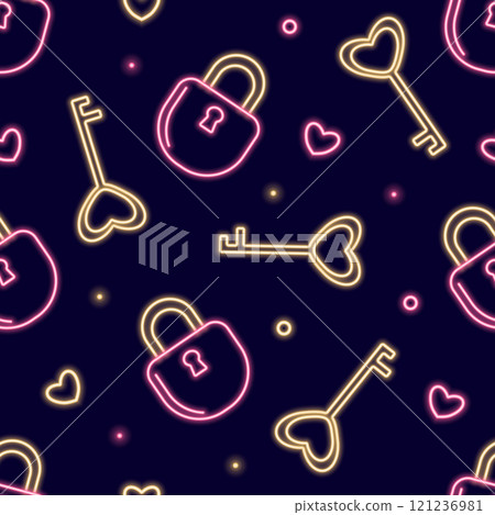 Neon seamless pattern with romantic Valentines Day themed icons. Illustration with lock, key and hearts. Vector illustration on a dark background. Neon seamless pattern with romantic Valentines Day themed icons. Illustration with lock, key and hearts. Vector illustration on a dark background. 121236981