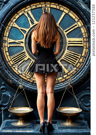 A woman standing in front of a large clock with scales of justice 121237388