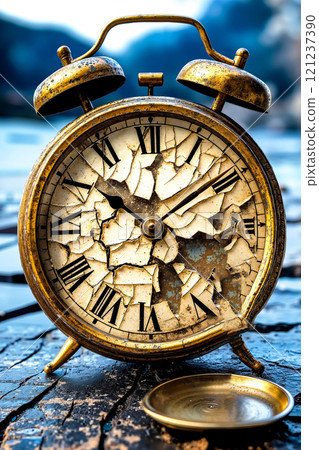 A woman standing next to an old clock on a table 121237390
