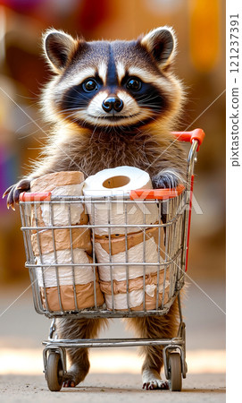 A raccoon is sitting in a shopping cart full of toilet paper 121237391