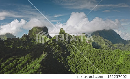 Green vibrant rainforest cover volcanic summits of Moorea mountains, French Polynesia. Misty clouds floating against ridge peaks blue sky. Remote wild nature paradise, exotic travel. Aerial drone shot 121237602