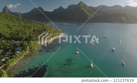 Stunning aerial view Opunohu bay in Moorea, French Polynesia, lush greenery mountains, tranquil turquoise waters, and gently swaying sailboats yachts. Popular tourist destination, exotic summer travel Stunning aerial view Opunohu bay in Moorea, French Polynesia, lush greenery mountains, tranquil turquoise waters, and gently swaying sailboats yachts. Popular tourist destination, exotic summer travel 121237619