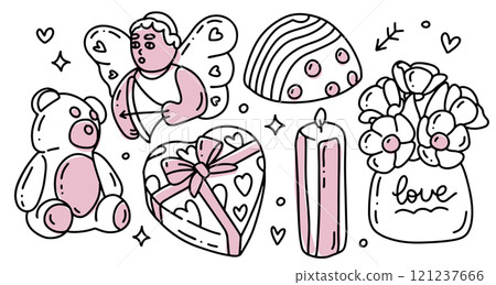 Teddy bear and other elements in outline Doodle style of Valentine s day, Set of art line drawing - cupid, candle, bouquet, candies. Cartoon hand drawn Line art vector illustration. 121237666